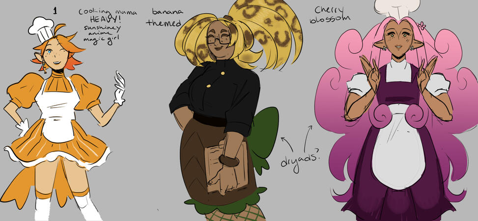 Early concepts of the 'cooking mamas' intended to explain the game's mechanics